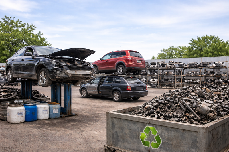 Eco-friendly auto recycling yard Houston - salvage vehicles being dismantled responsibly