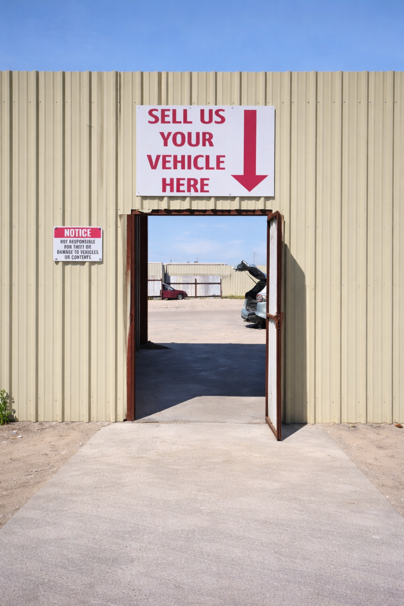 Sell us your junk car here - entrance to Houston Auto Recyclers salvage yard